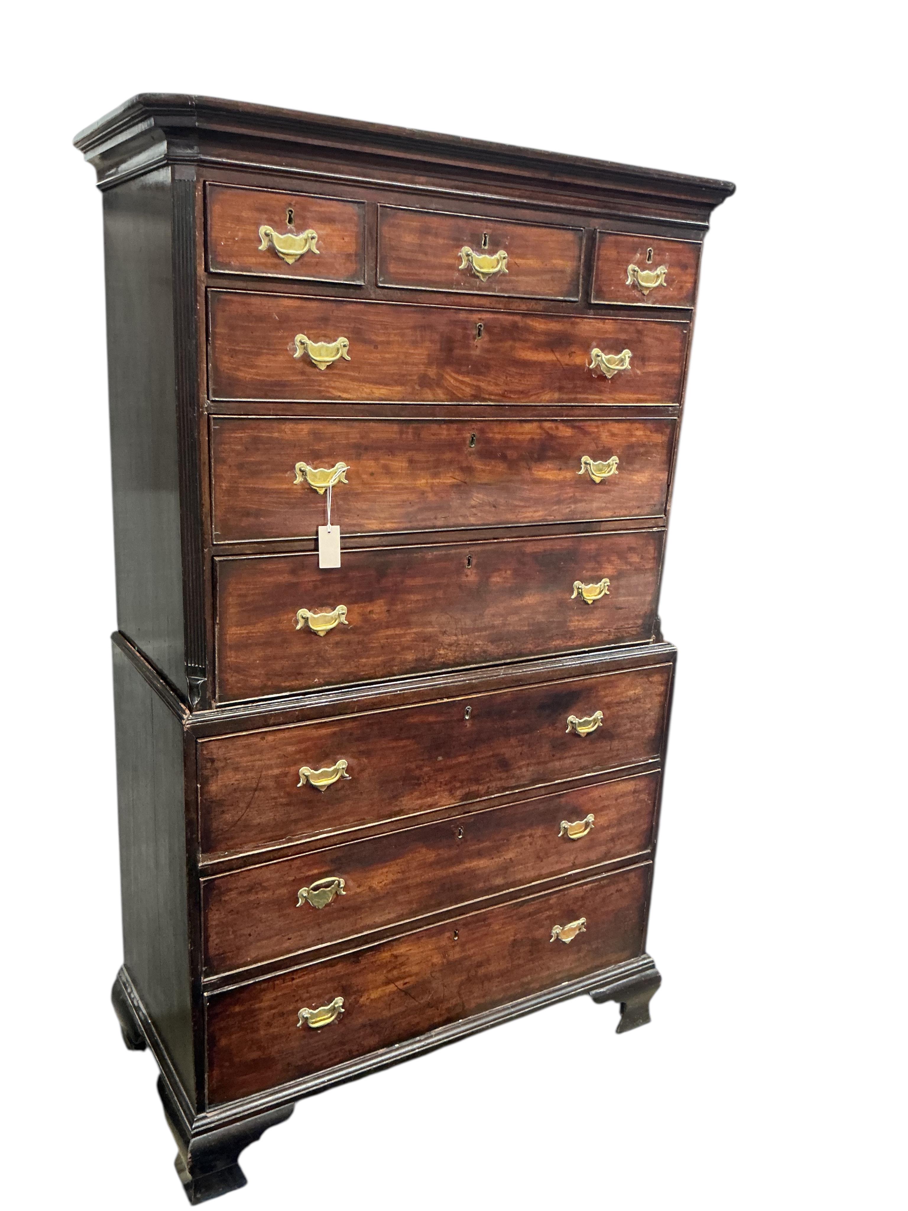 A George III mahogany chest on chest, width 112cm, depth 54cm, height 187cm
